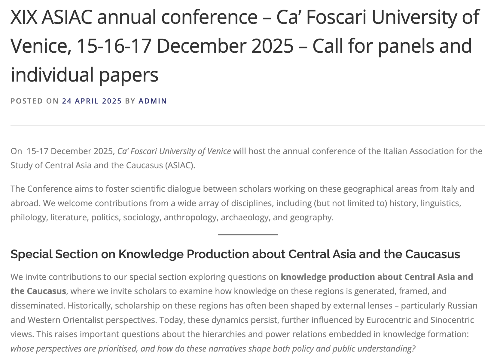 XIX ASIAC annual conference – Ca’ Foscari University of Venice, 15-16-17 December 2025 – Call for panels and individual papers
